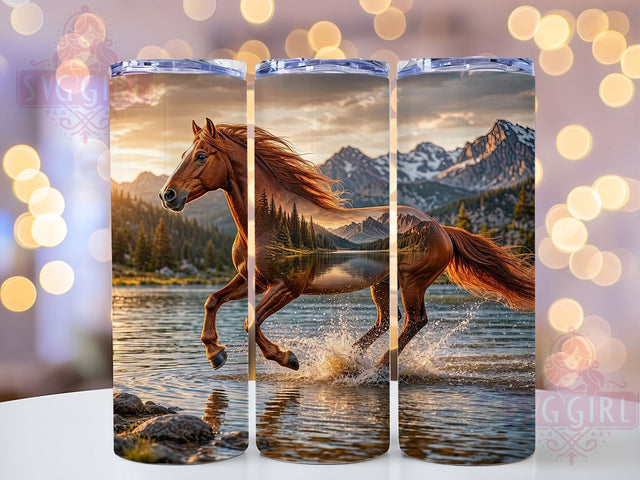 Chestnut Horse Alpine Sunset 20oz Tumbler, Chestnut Horse, Alpine Sunset, Equine Motif, Sublimation Wrap, 20oz Tumbler, Rustic Aesthetic, Nature Charm Sublimation SvggirlplusArt 