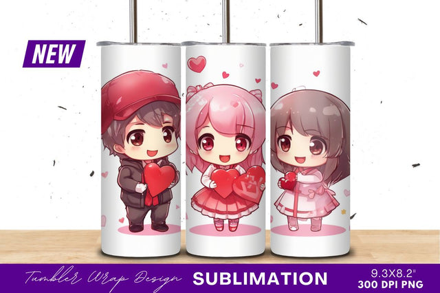 Chibi characters holding hearts valentines day illustration Sublimation Regulrcrative 