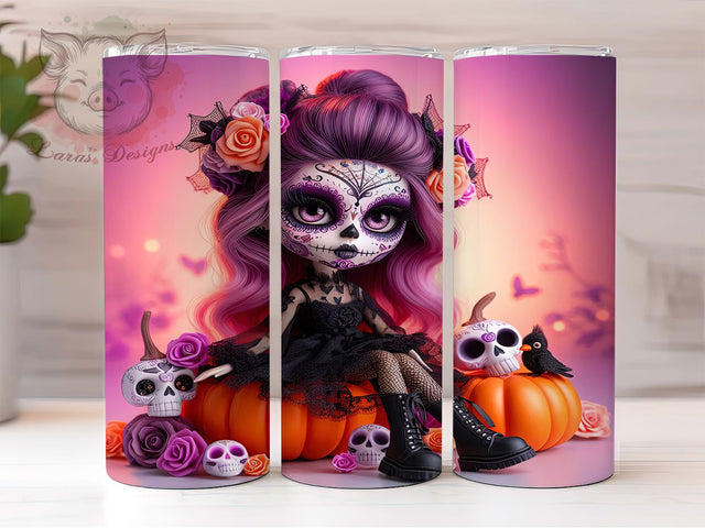 Chibi Girl Day of the Dead Tumbler, Day of the Dead Wrap, Haunted Halloween Cup, Cute Chibi Sublimation, 20oz Tumbler Wrap, Sugar Skull Drinkware, Spooky Chibi Design Sublimation Lara' s Designs 