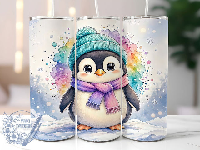 Chibi Penguin Rainbow Scarf 20oz Tumbler, Chibi Penguin Motif, Rainbow Scarf Design, Cute Penguin Theme, Whimsical Charm, Winter Accent, Sublimation Wrap, 20oz Tumbler Sublimation ToriDesigns 
