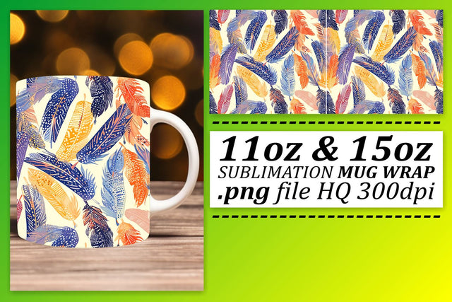 Chic Colorful Feather Mug Sublimation: 11oz 15oz Vibrant Whimsical Charm Sublimation afrosvg 