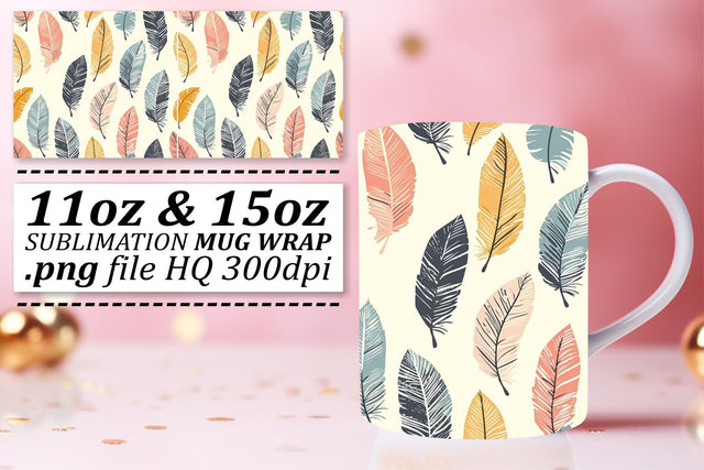 Chic Feather Mug Sublimation: 11oz 15oz Elegance with Patterns Sublimation afrosvg 