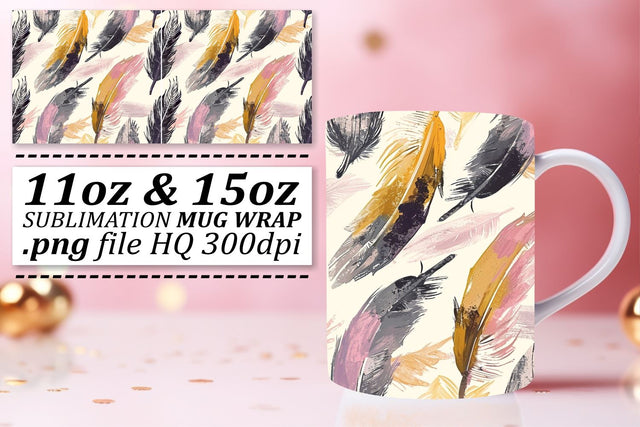 Chic Feather Mug Wrap: Sublimation Playful Charm 11oz 15oz Sublimation afrosvg 