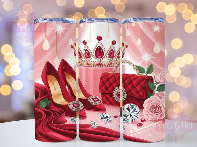 Chic Glam Heels Tumbler, Red Purse Pattern, Crown Fashion Design, 20Oz Sublimation Wrap, Chic Glam Art, Stylish Crown Texture, Tumbler Sublimation Sublimation SvggirlplusArt 