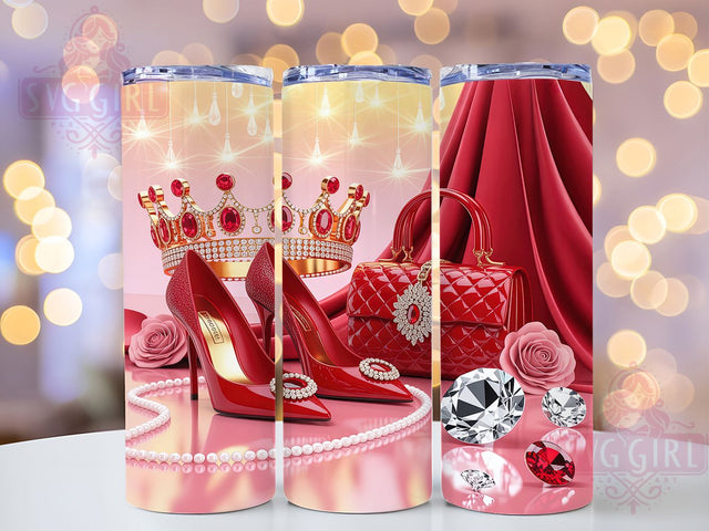 Chic Glam Heels Tumbler, Red Purse Pattern, Crown Fashion Design, 20Oz Sublimation Wrap, Chic Glam Art, Stylish Crown Texture, Tumbler Sublimation Sublimation SvggirlplusArt 