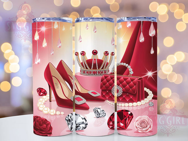 Chic Glam Heels Tumbler, Red Purse Pattern, Crown Fashion Design, 20Oz Sublimation Wrap, Chic Glam Art, Stylish Crown Texture, Tumbler Sublimation Sublimation SvggirlplusArt 
