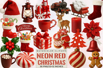 Chic Neon Red Christmas Clipart Bundle. Sublimation SVGArt 