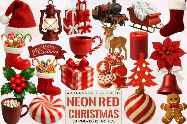 Chic Neon Red Christmas Clipart Bundle. Sublimation SVGArt 