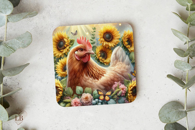 Chicken Coaster Sublimation, Sunflower Square Coaster PNG Sublimation BijouBay 