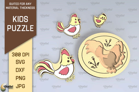 Chicken Family Puzzle Laser Cut Design. Kids Toy Puzzle SVG SVG Evgenyia Guschina 