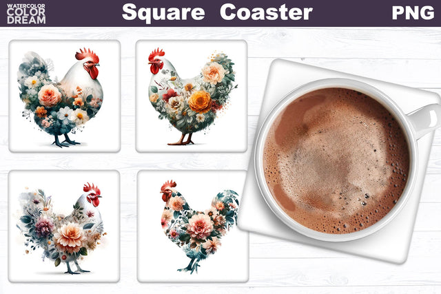 Chicken Flowers Square Coaster | Double Exposure Chicken Sublimation WatercolorColorDream 