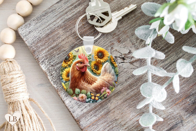 Chicken Keychain Sublimation, Sunflower Key Ring PNG Sublimation BijouBay 