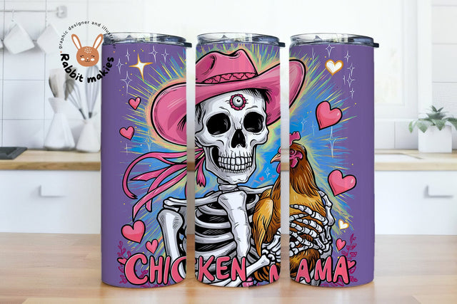 Chicken Mama Cowboy Skeleton 20oz Skinny Tumbler Png, Funny Chicken Clipart, Chicken Mom Png Sublimation Rabbitmakies 