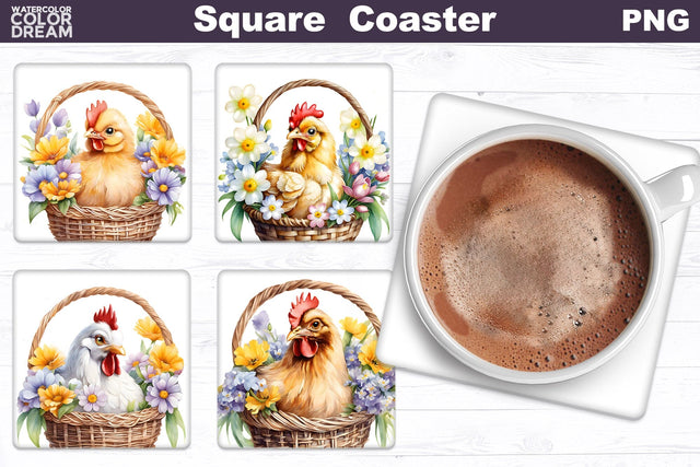 Chicken Square Coaster | Chicken Flowers Coaster Sublimation WatercolorColorDream 
