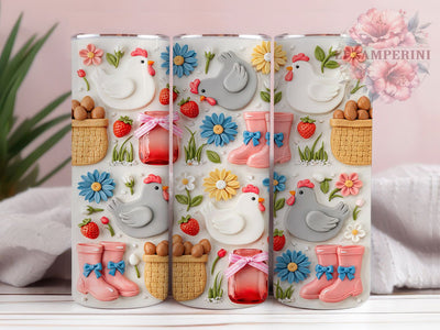 Chicken Strawberry Floral 20oz Tumbler, Chicken Design, Strawberry Motif, Floral Pattern, Farmhouse Charm, Whimsical Style, Skinny Tumbler, Sublimation PNG Sublimation Li Zamperini 