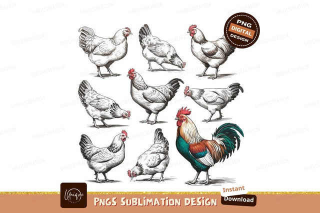 Chickens And Rooster Sketch Style Illustration Sublimation Designangry 