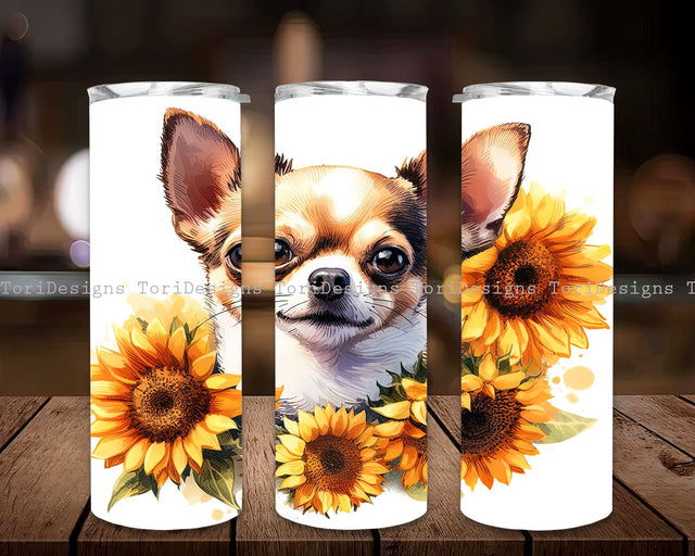 Chihuahua Dog 20 oz Skinny Tumbler Sublimation Design Digital Download PNG Instant, Pet Lover Wrap, Dog Tumbler, Sunflower Tumbler Sublimation ToriDesigns 