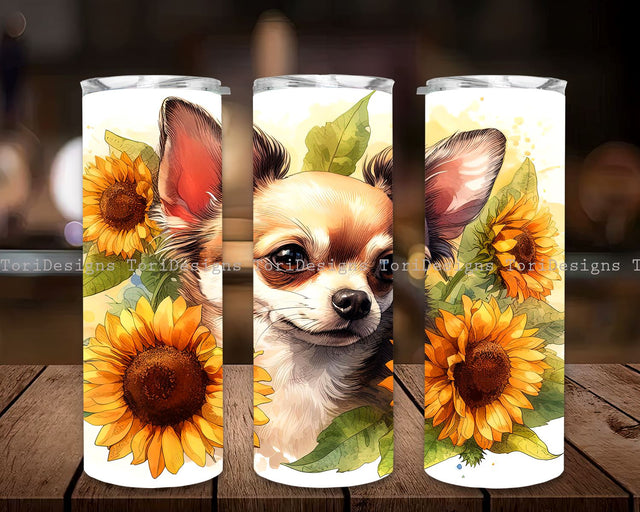 Chihuahua Dog 20 oz Skinny Tumbler Sublimation Design Digital Download PNG Instant, Pet Lover Wrap, Dog Tumbler, Sunflower Tumbler Sublimation ToriDesigns 