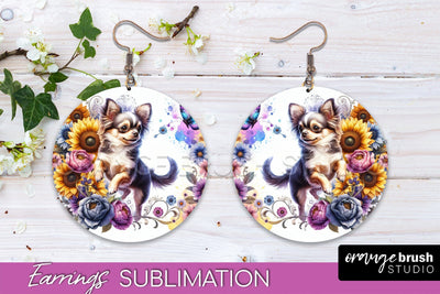 Chihuahua Earrings - Dog Mom Floral Round Earring Sublimation Sublimation OrangeBrushStudio 