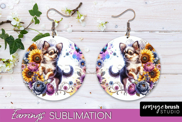 Chihuahua Earrings - Dog Mom Floral Round Earring Sublimation Sublimation OrangeBrushStudio 