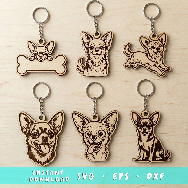 Chihuahua Keychain SVG Bundle, 6 Laser Cut & Engrave Keychain Files, Personalized Bone Design, Glowforge Cricut DXF EPS Cnc SVG HappyDesignStudio 