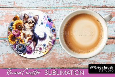 Chihuahua Round Coaster - Dog Mom Floral Coaster Sublimation Sublimation OrangeBrushStudio 