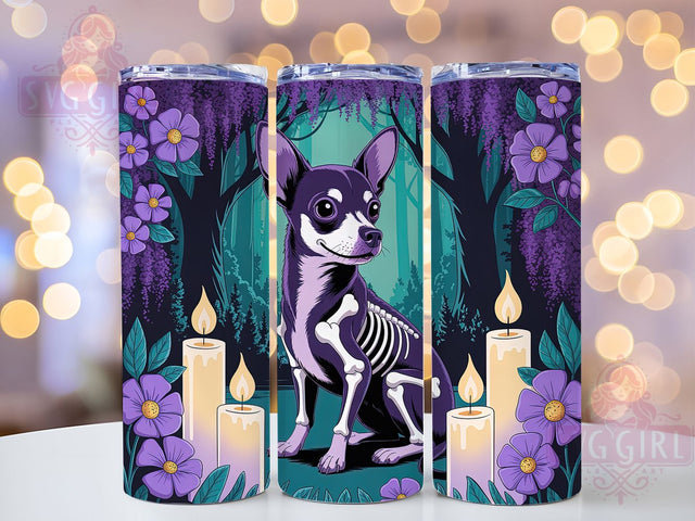 Chihuahua Skeleton Purple Floral Halloween Tumbler, Purple Floral Wrap, Dog Lover Halloween Cup, Spooky 20oz Drinkware, Gothic Candle Design, Pet Skeleton Sublimation, Cute Spooky Dog Art Sublimation SvggirlplusArt 