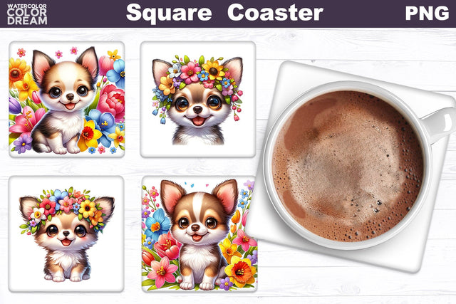 Chihuahua Square Coaster | Dog Flowers Square Coaster Sublimation WatercolorColorDream 