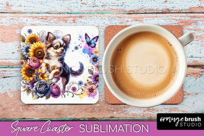 Chihuahua Square Coaster - Dog Mom Floral Coaster Sublimation Sublimation OrangeBrushStudio 