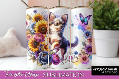 Chihuahua Tumbler Wrap - Dog Mom Floral Tumbler Sublimation Sublimation OrangeBrushStudio 