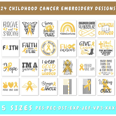 Childhood Cancer Embroidery Designs Bundle - 24 Designs, Childhood Cancer Awareness Embroidery Patterns, Gold Awareness Ribbon PES Files Embroidery/Applique DESIGNS HappyDesignStudio 