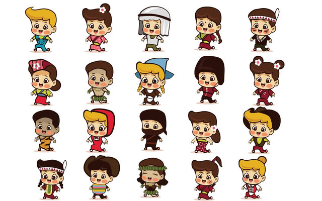 Children in 20 different beautiful costumes from around the world.Set of cartoon characters in traditional costume. Cute people. Vector flat illustrations. SVG naemmiah021 
