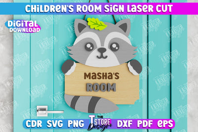Children's Room Sign | Door Sign | Nursery Name Sign | Raccoon Design | CNC File SVG The T Store Design 