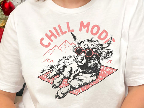 Chill Mode Highland Cow PNG, Funny Cow T-Shirt Design SVG DesignDestine 