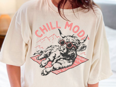 Chill Mode Highland Cow PNG, Funny Cow T-Shirt Design SVG DesignDestine 
