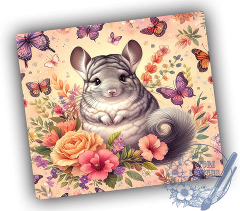 Chinchilla Floral 20oz Skinny Tumbler, Beige Chinchilla Cute Tumbler Png, Straight & Tapered Tumbler Wrap, Instant Digital Download Sublimation ToriDesigns 