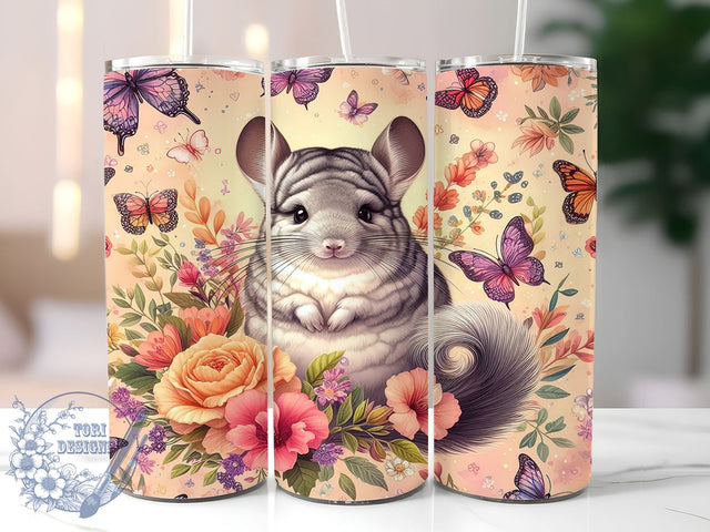 Chinchilla Floral 20oz Skinny Tumbler, Beige Chinchilla Cute Tumbler Png, Straight & Tapered Tumbler Wrap, Instant Digital Download Sublimation ToriDesigns 
