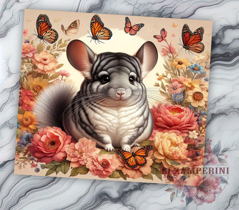 Chinchilla Floral 20oz Tumbler Wrap PNG, Beige Chinchilla Cute Tumbler PNG Sublimation, Straight & Tapered Tumbler Wrap, Instant Digital Download Sublimation Li Zamperini 