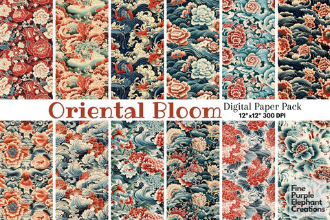 Chinese Abstract Florals Digital Paper | Asian Lunar New Year Pattern Digital Pattern Fine Purple Elephant Creations 