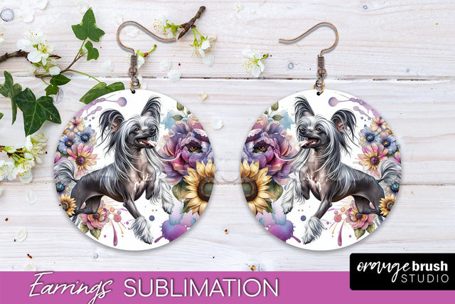 Chinese Crested Earrings - Dog Mom Floral Round Earring Sublimation Sublimation OrangeBrushStudio 