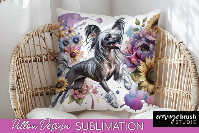 Chinese Crested Pillow Cover - Dog Mom Floral Pillow Sublimation Sublimation OrangeBrushStudio 