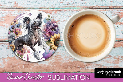 Chinese Crested Round Coaster - Dog Mom Floral Coaster Sublimation Sublimation OrangeBrushStudio 