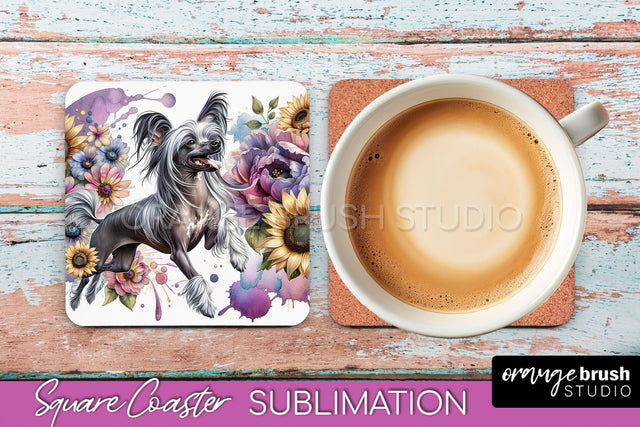 Chinese Crested Square Coaster - Dog Mom Floral Coaster Sublimation Sublimation OrangeBrushStudio 