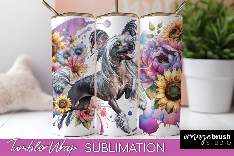 Chinese Crested Tumbler Wrap - Dog Mom Floral Tumbler Sublimation Sublimation OrangeBrushStudio 