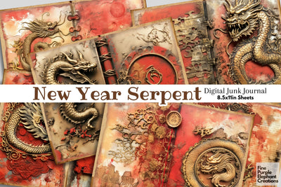 Chinese Dragon Digital Junk Journal Double Pages Lunar New Year Pattern Digital Pattern Fine Purple Elephant Creations 