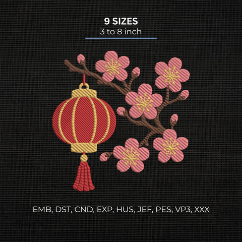 Chinese Lantern Cherry Blossom Embroidery Design – Lunar New Year Floral Lantern Asian Machine Embroidery File Embroidery/Applique DESIGNS PatternFeed8 