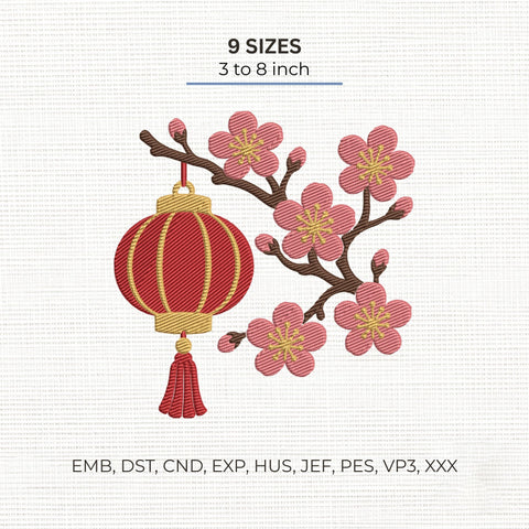 Chinese Lantern Cherry Blossom Embroidery Design – Lunar New Year Floral Lantern Asian Machine Embroidery File Embroidery/Applique DESIGNS PatternFeed8 