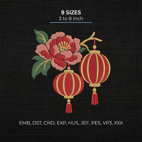 Chinese Lantern Peony Flower Embroidery Design – Lunar New Year Floral Red Lantern Machine Embroidery File Embroidery/Applique DESIGNS PatternFeed8 