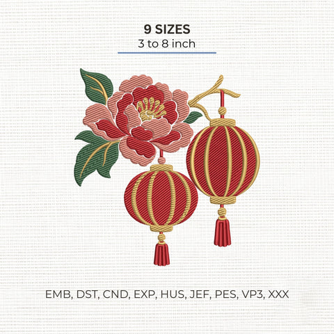 Chinese Lantern Peony Flower Embroidery Design – Lunar New Year Floral Red Lantern Machine Embroidery File Embroidery/Applique DESIGNS PatternFeed8 