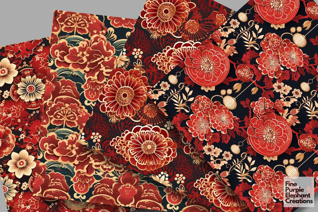 Chinese Lunar New Year Digital Paper | Red Gold Asian Pattern - So Fontsy